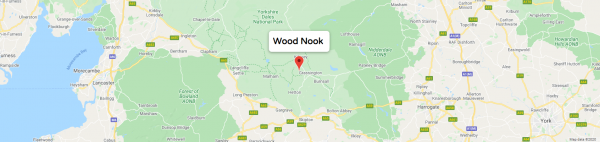 Map of the Yorkshire Dales showing the location of Wood Nook Caravan Park